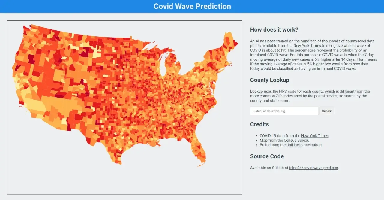 The Covid Wave Predictor homepage, with a map of Covid in the US broken down by county